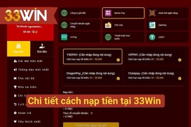 Cách nạp tiền vào tài khoản 33Win